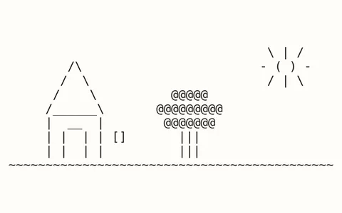 A house, a tree and the sun drawn in text characters